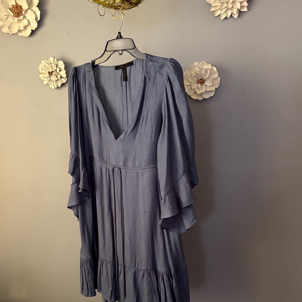 BCBGMaxAzria Dusty Blue V-Neck Tiered Ruffle Sleeve Dress